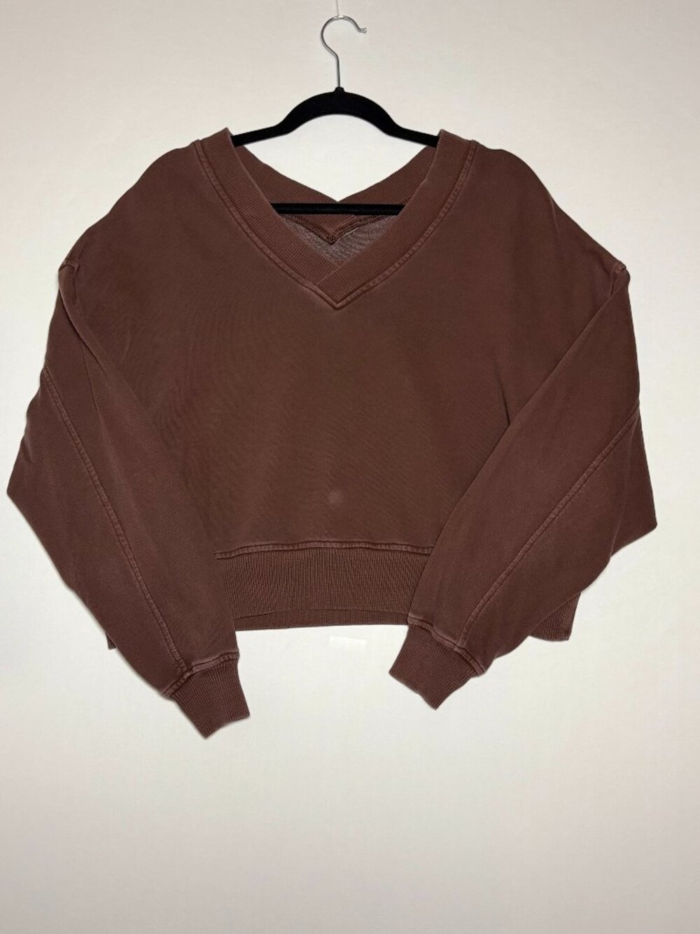 Aerie Sunwashed Desert V-Neck Crop Sweatshirt Chocolate Brown XS